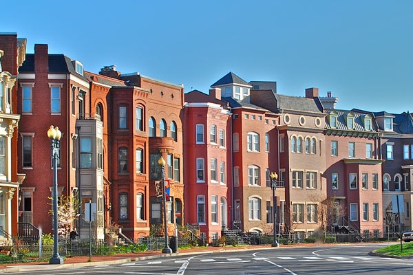 Red brick row homes for sale in Logan Circle, a neighborhood in Washington, DC